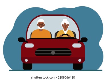 In the red car, a couple of pensioners man and woman. Foreground. Vector flat illustration