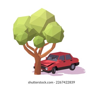 Red Car Crash With a Tree. Accident Concept. Low Poly Dimetric Illustration