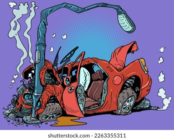 The red car crashed into a lamppost. Road accident. Road safety issues.