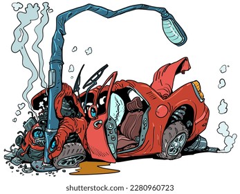 The red car crashed into a lamppost. Road accident. Road safety issues.
