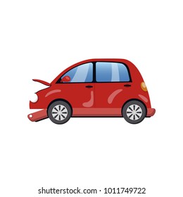 Red car damaged in a road accident cartoon vector Illustration