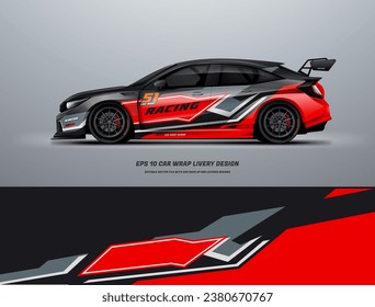 Red Car decal wrap livery design vector. Graphic abstract line racing background kit design for vehicle, race car, rally