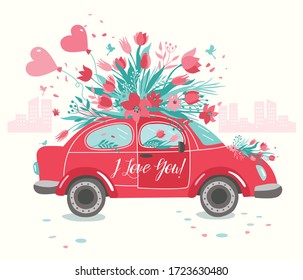 Red car delivering bouquet of tulips pink background. February 14 card, Valentine day. Flower delivery. 8 March, International Happy Women Day.