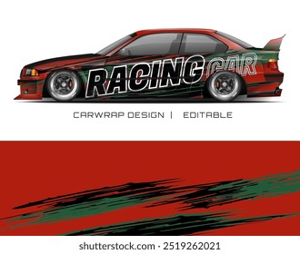 Red car design for racing car wrap, featuring green and black colors. Perfect for car enthusiasts or automotive companies marketing materials.