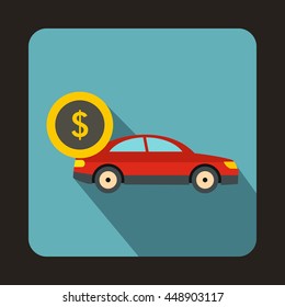 Red car and dollar sign icon in flat style on a light blue background