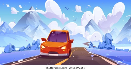 El coche rojo conduce por el camino asfalto en medio de prados nevados con arbustos y árboles que conducen a las montañas en invierno. Paisaje de la temporada fría de caricatura con vista frontal sobre el vehículo que conduce por la carretera desde las colinas