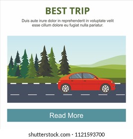 Red car drive on the road Layers of mountain landscape with fir trees. Travel time Illustration