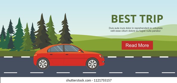 Red car drive on the road Layers of mountain landscape with fir trees. Travel time Illustration