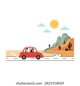 A red car drives down a desert road with a cactus and mountain range in the background