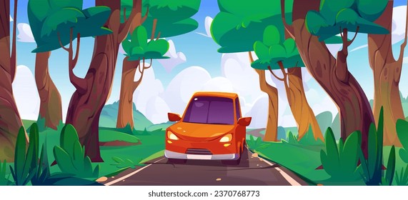 Red car driving along asphalt road in forest. Cartoon vector landscape of woodland with green trees and winding road with vehicle traveling. Natural summer scene with highway and blue cloudy sky.