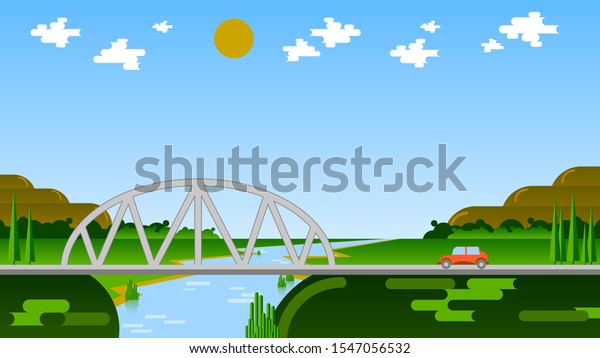 a red car is driving along a road, approaching a\
bridge over a river against a background of fields, forest,\
mountains, sky with sun and clouds. flat natural landscape. art\
wallpaper. vector image