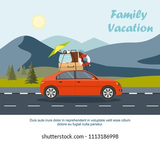 Red car driving with luggage on the road. Mountain landscape with fir forest