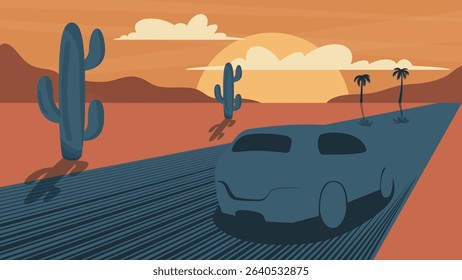 red car driving on empty road, cactuses and sunset