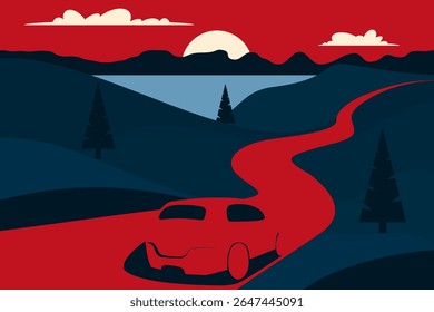 red car driving on empty road, lake and mountains and cloudy sky