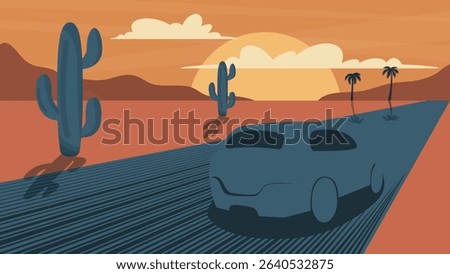 red car driving on empty road, cactuses and sunset