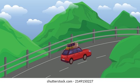 A red car is driving on the road in the blue sky, covered with clouds and surrounded by beautiful green nature.Cartoon landscape with travel car,Car on the road on the mountain.Illustration vector.