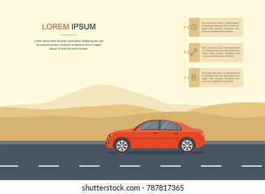 Red Car Driving on a Road in the desert information, Rental car and Auto leasing banner