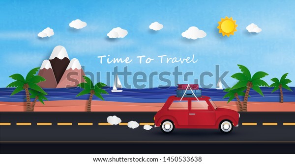 red car is driving to travel..And to\
relax in the sea during the holidays. And to see the natural\
scenery is bright and relaxing. and a design Origami or paper art.\
and illustration or\
background.\
\

