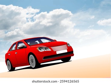 Red car driving uphill on a sunny day with clouds. Hand drawn Illustration