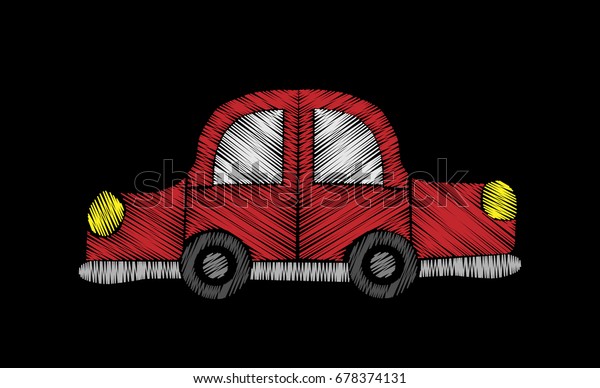 Red car embroidery stitches imitation. Fashion\
embroidery car for patch, fabric and other child design. Vector\
embroidery car.