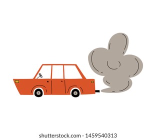 Red Car with Exhaust Smoke Cloud, Ecological Problem, Air Pollution Vector Illustration