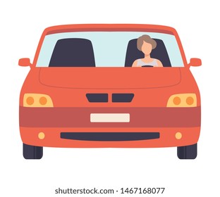 Red Car with Female Driver, Front View Vector Illustration