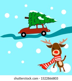 Red car with fir tree in snow Christmas reindeer winter festive decorations illustration vector