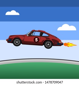 Red car with fire and blue sky vector illustration