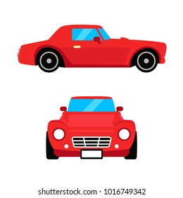 Red car flat illustration, side and front view