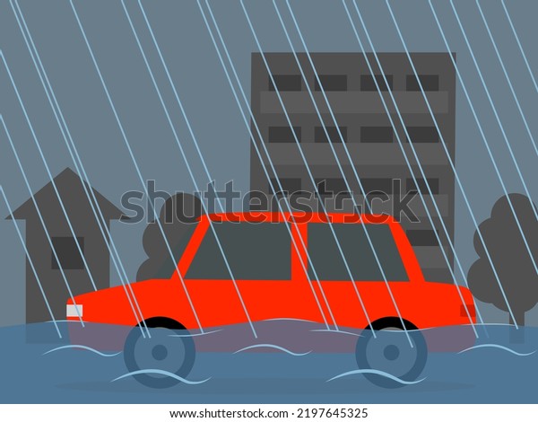 Red car flooded by
heavy rain (side view)