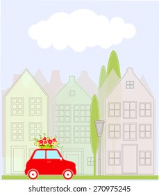 Red car with flowers . Vector illustration
