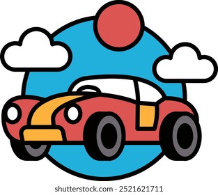 A red car is flying through the sky with a sun in the background. The car is the main focus of the image, and the sun and clouds in the background create a sense of motion and excitement