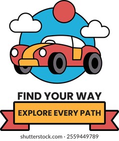 A red car is flying through the sky with a red and blue circle in the background
