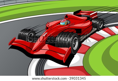 The red car the formula 1 on road. In movement.