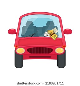 Red Car Front View Isolated On White Background.Parking Violation Ticket Fine Placed On The Car Windshield,under Wiper.Penalty Charge Notice,illegal Parking.Street Rules And Safety.Vector Illustration