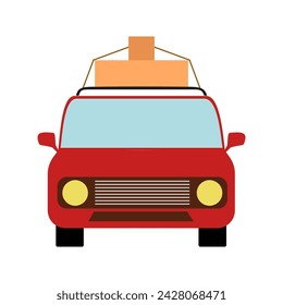 Red Car front view with luggage on the roof flat vector design