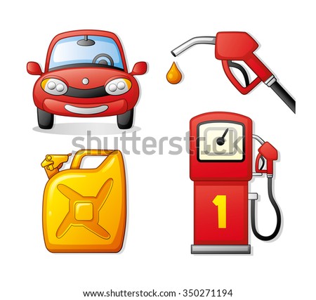 Red car, gasoline pump nozzle and a yellow jerrycan. Fueling set.