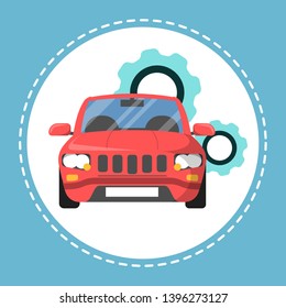Red car and the gear symbol on background. Idea of vehicle check and repair. Isolated vector illustration in cartoon style