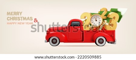 Red car with gifts and golden numbers 2023. Happy New Year poster or card. Christmas car filled with gifts. Christmas tree with golden clock in red vintage car. 3d realistic vector illustration.