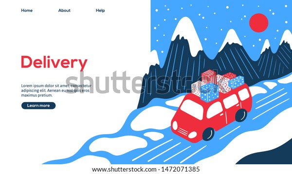 Red car with gifts on rooftop. Delivery concept.\
Web page design template for Christmas holidays. Modern vector\
illustration concepts for website and mobile website development.\
Eps10 vector.