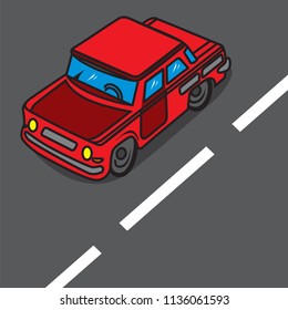 The red car goes on the road. Vector template. Top view. Advance to the purpose
