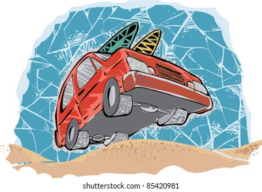 red car going to beach with two surf boards