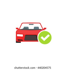 Red car with green checkmark icon, concept of car check test passed, auto diagnostic service vector emblem isolated on white background