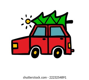 Red car with green christmas tree on the top. Vector holidays illustration.