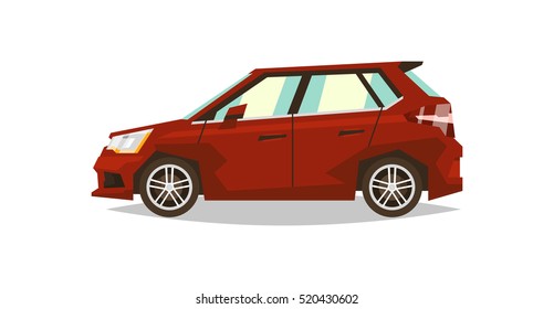 Red car hatchback. Side view. Transport for travel. Gas engine. Alloy wheels. Flat style