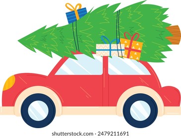 Red car hauling large green Christmas tree topped colorful gift boxes white background. Travel holiday season presents. Festive decoration transporting winter celebration. Vector illustration