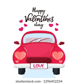 Red car with headlights in the shape of a heart. Happy Valentine's Day hand drawn lettering.