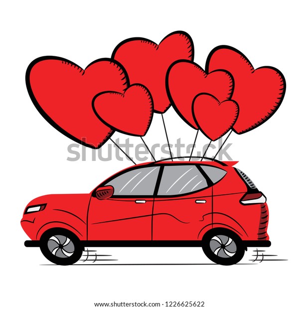 Red Car with Red Hearts. Valentine\'s Day Gift.\
Icon. Sketch. Symbol. Stock Vector Illustration. Transparent. White\
Isolated.