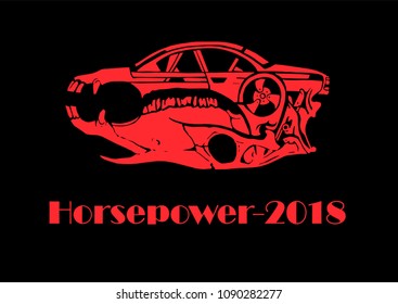 The red car and the red horse is skull on a black background. Luxury Vintage. Car and automotive, sports, tattoo, vuctions, vector logo.Text is present.The heading below is the horsepower of 2018