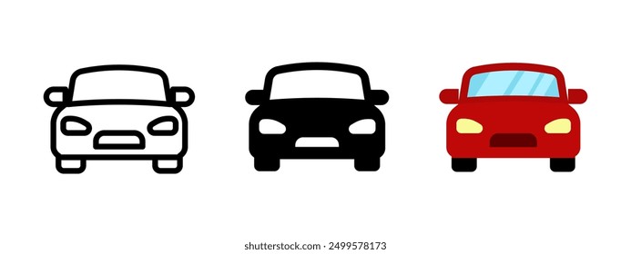 Red car icon. Automobile symbol. Sedan auto vector illustration. Automotive vehicle sign. Car front view concept in different styles - outline, black, flat, colored. Automobile silhouette isolated.